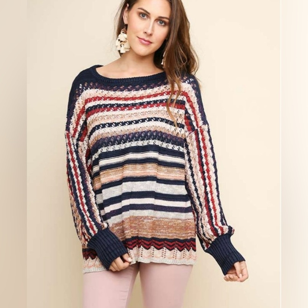 umgee striped multicolor fall knit balloon sleeve sweater